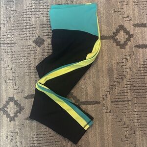 Xersion Black and Teal Leggings with Neon Yellow Stripe